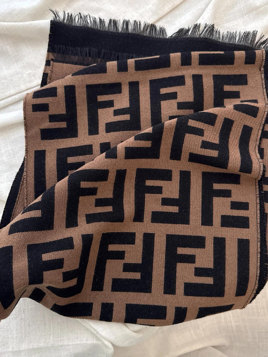 Brown and black contrasting geometric texture knitted scarf, fringed edge shawl