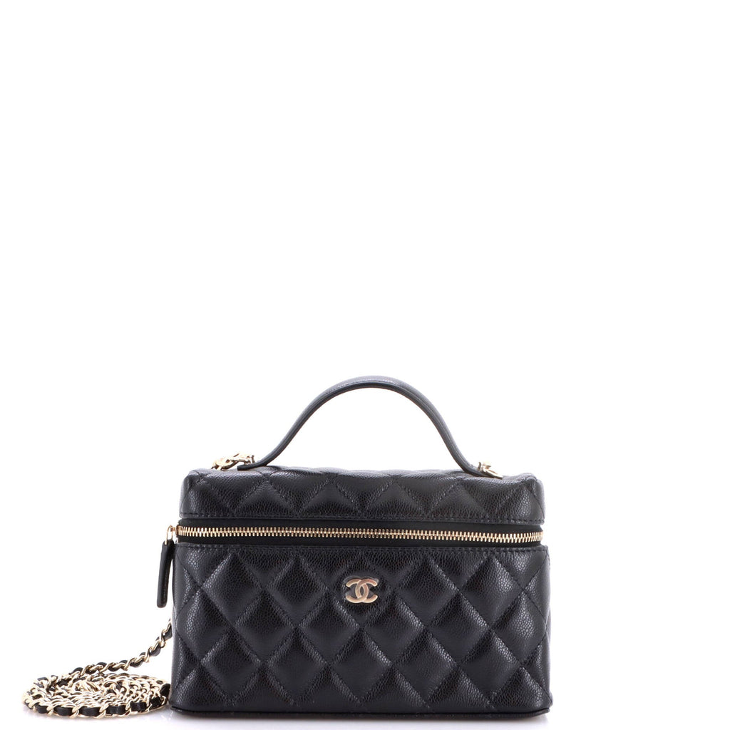 Classic Top Handle Slim Vanity Case with Chain Quilted Caviar Small
