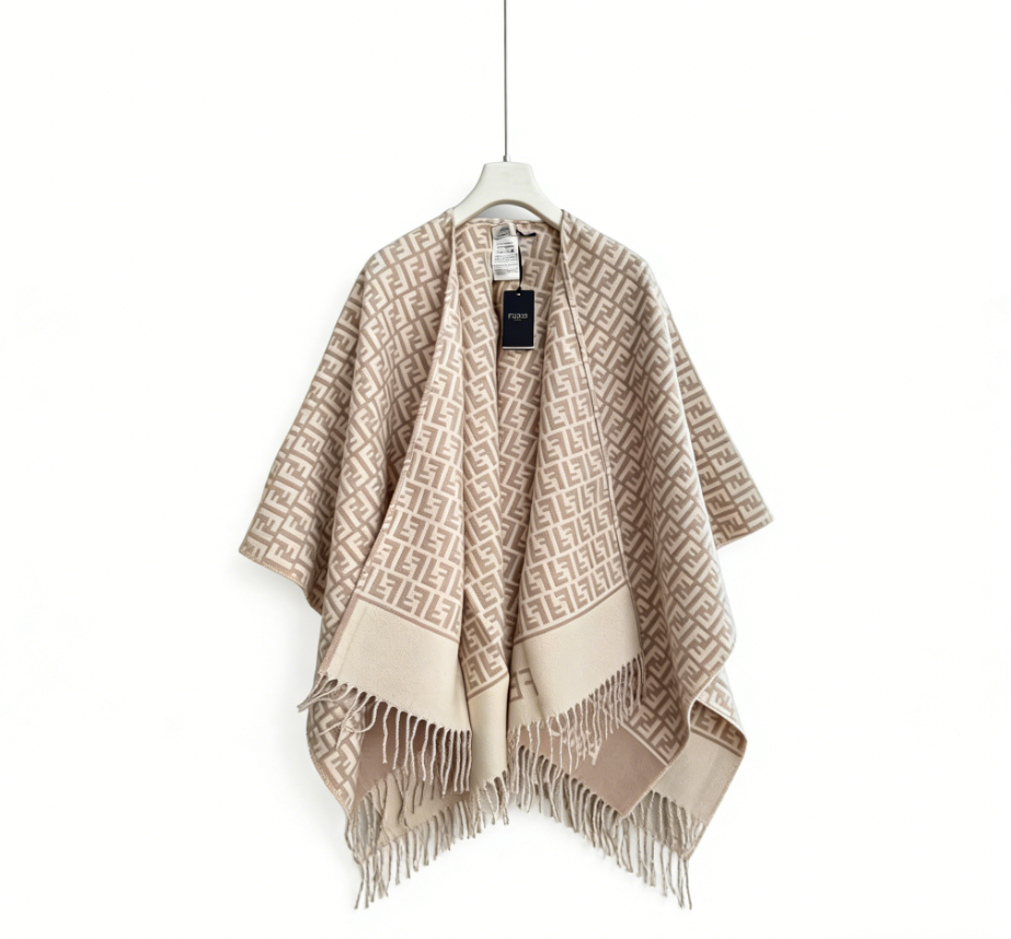 Two-color geometric texture knitted shawl, fringed edge loose warm exterior