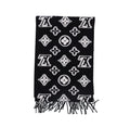 Black and white geometric pattern knitted scarf, fringed edge thermal shawl