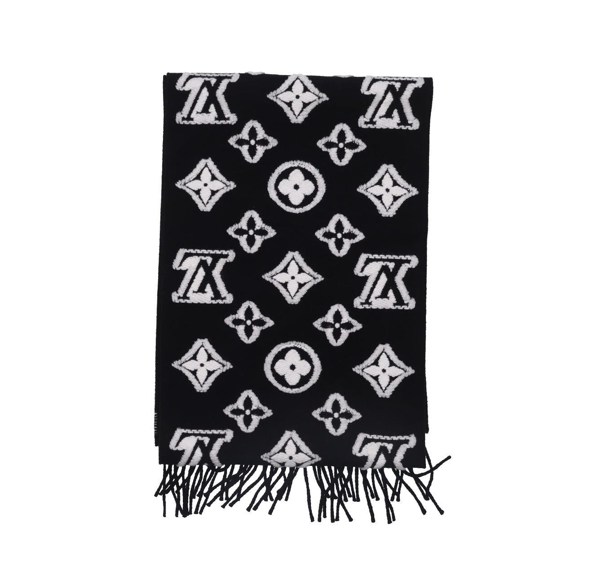 Black and white geometric pattern knitted scarf, fringed edge thermal shawl