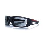 Prada, matte black sunglasses with red logo