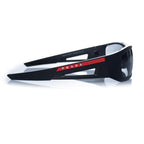 Prada, matte black sunglasses with red logo
