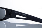 Prada, matte black sunglasses with red logo