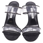 Women's Manolo Blahnik PVC Strap Heeled Mules in Black Suede