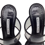 Women's Manolo Blahnik PVC Strap Heeled Mules in Black Suede
