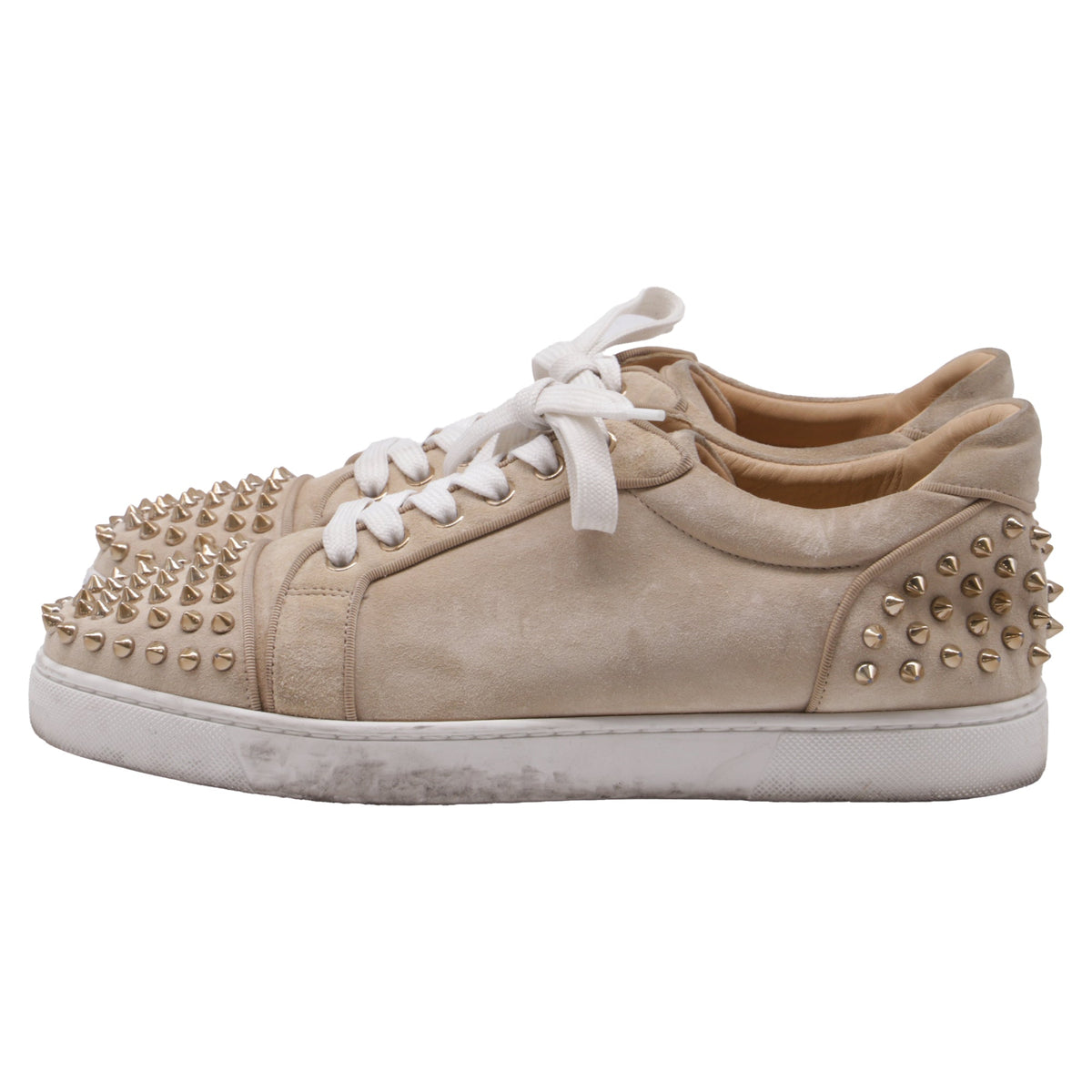 Women's Christian Louboutin Louis Junior Spikes Sneakers in Beige Suede