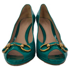 Women's Gucci New Hollywood Horsebit Peep Toe Pumps in Turquoise Patent Leather