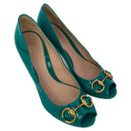 Women's Gucci New Hollywood Horsebit Peep Toe Pumps in Turquoise Patent Leather