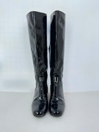 Women's Saint Laurent Glitter Heel Knee High Boots in Black Patent Leather
