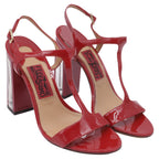 Women's Salvatore Ferragamo Mirrored Heel T Strap Sandals in Red Patent Leather