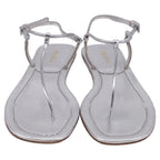 Women's Prada T-Strap Flat Sandals in Metallic Silver Leater