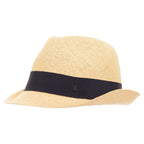 Chanel raffia curled brim navy ribbon CC logo hat