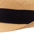 Chanel raffia curled brim navy ribbon CC logo hat