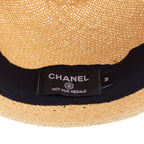 Chanel raffia curled brim navy ribbon CC logo hat