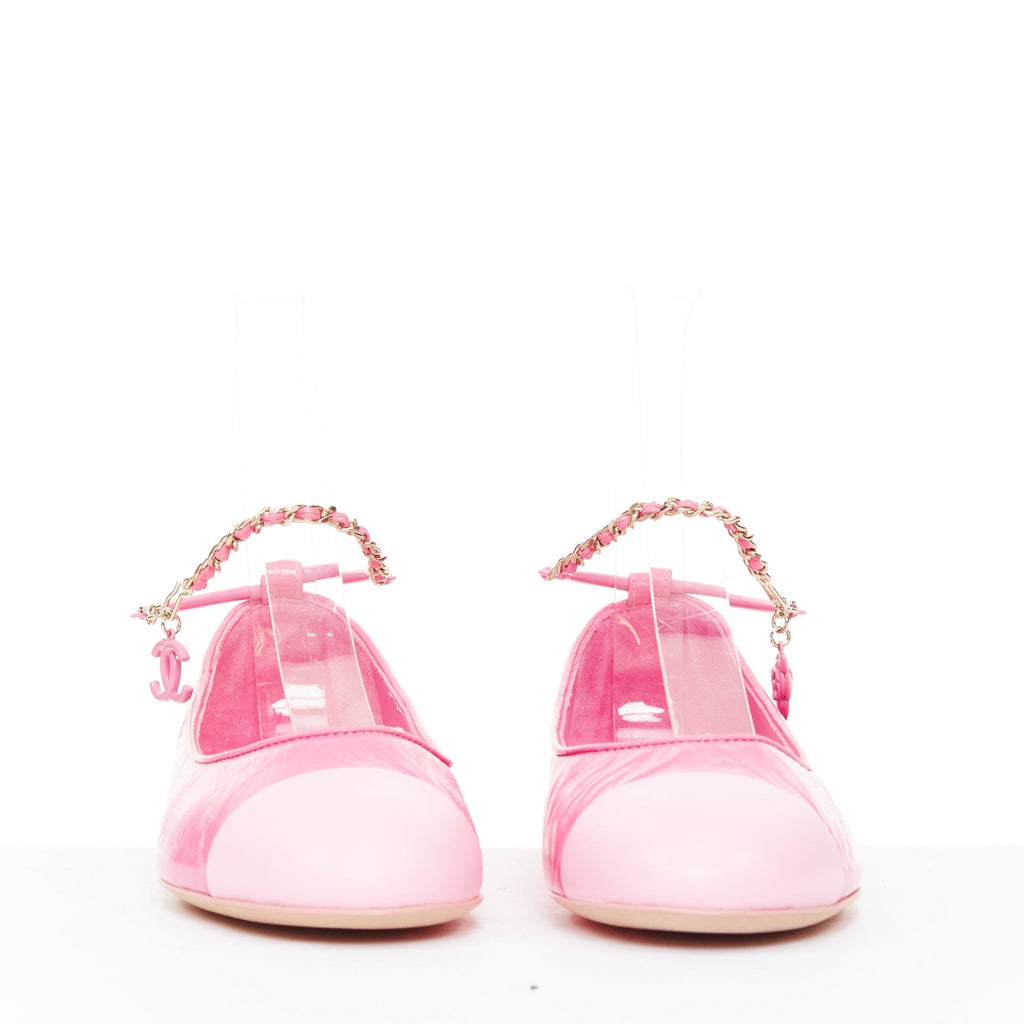 Women's Chanel crinkled leather ankle chain CC charm flats