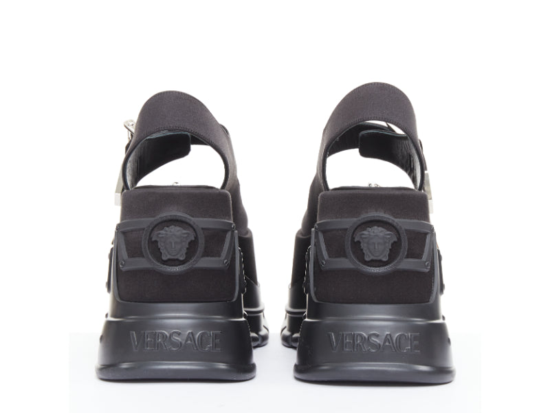 Women's Versace Black satin silk silver Medusa sandals