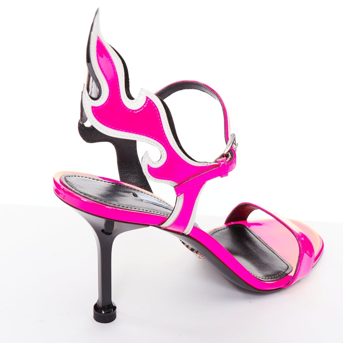 Women's Prada Flame pink patent Fire mid heel sandals