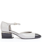 Women's Chanel grey leather pearl trimmed CC logo block heel pumps