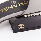 Women's Chanel grey leather pearl trimmed CC logo block heel pumps