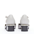 Women's Chanel grey leather pearl trimmed CC logo block heel pumps