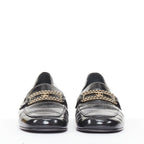 Women's Chanel black textured calfskin gold CC chain link moccasin