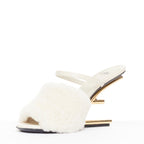 Women's Fendi First cream shearling gold F heel mule sandals