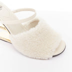 Women's Fendi First cream shearling gold F heel mule sandals