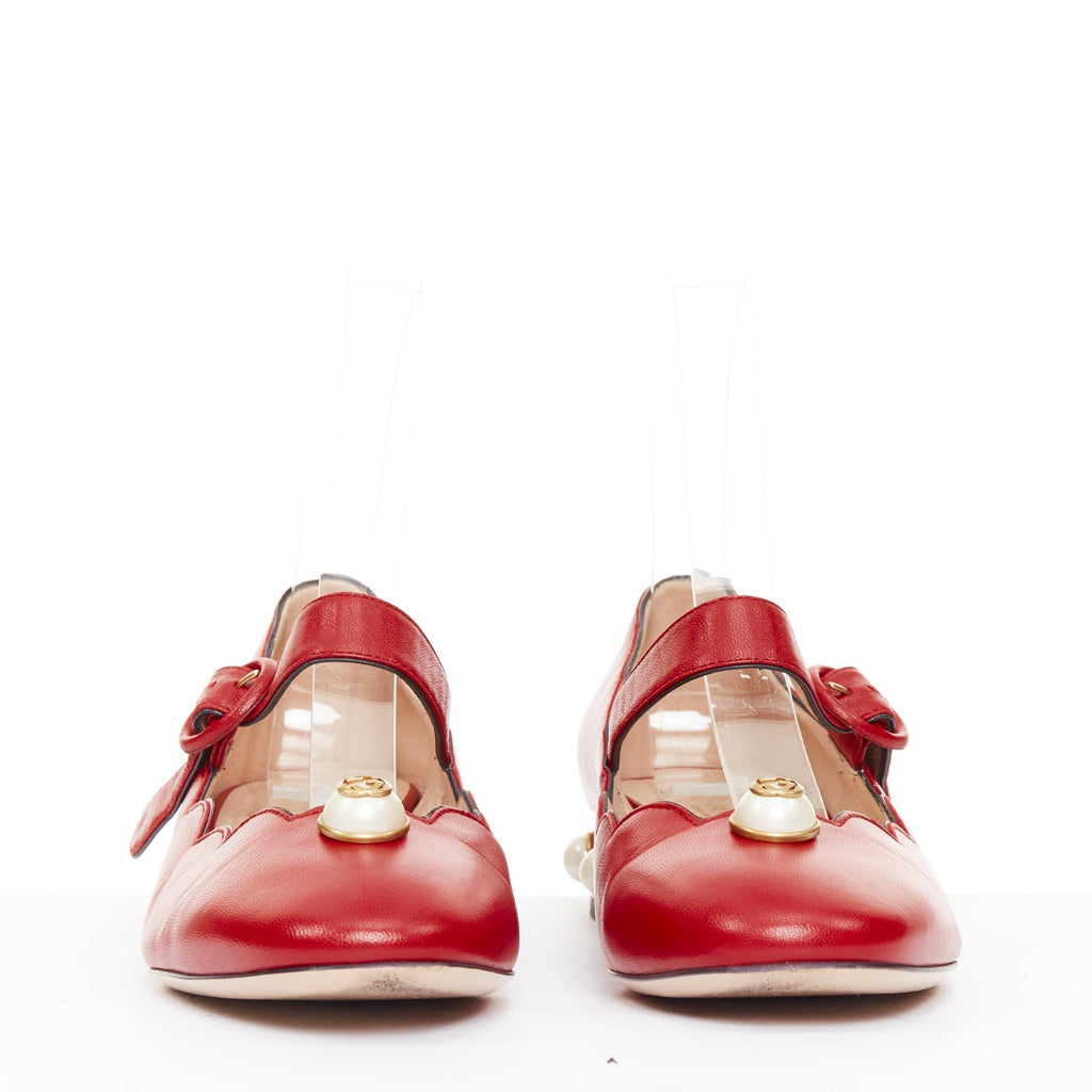 Women's Gucci Willow red calf leather GG pearl embellished flats shoes