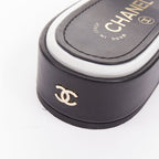 Women's Chanel black white logo embroidered lambskin heeled mules