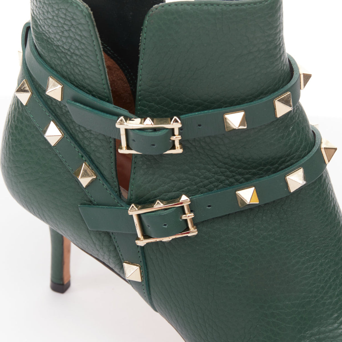 Women's Valentino Rockstud green pebbled leather gold stud boots