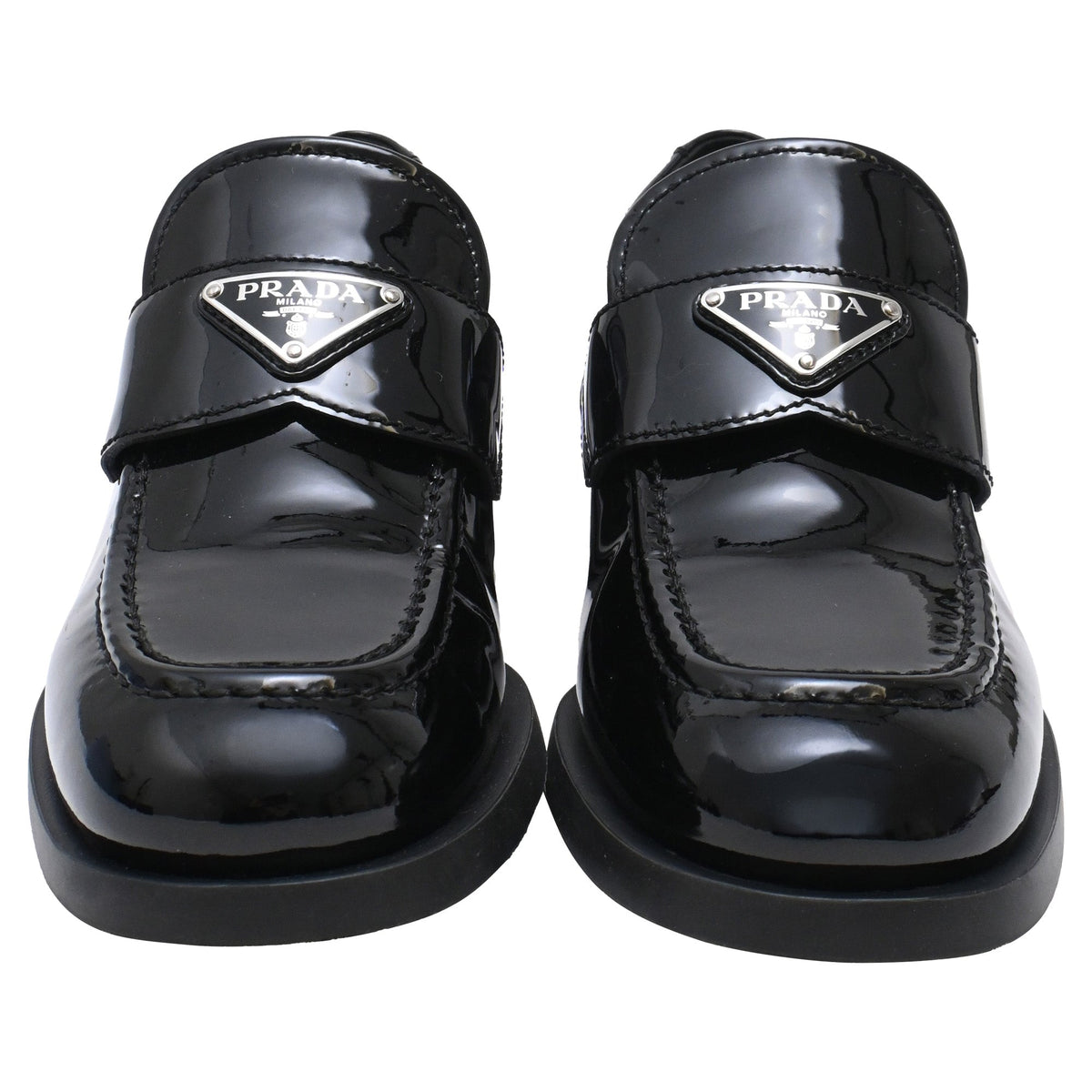 Women's Prada Triangle Logo Loafers in Black Patent Leather