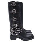 Women's Miu Miu Buckle Strap Biker Boots in Black Leather