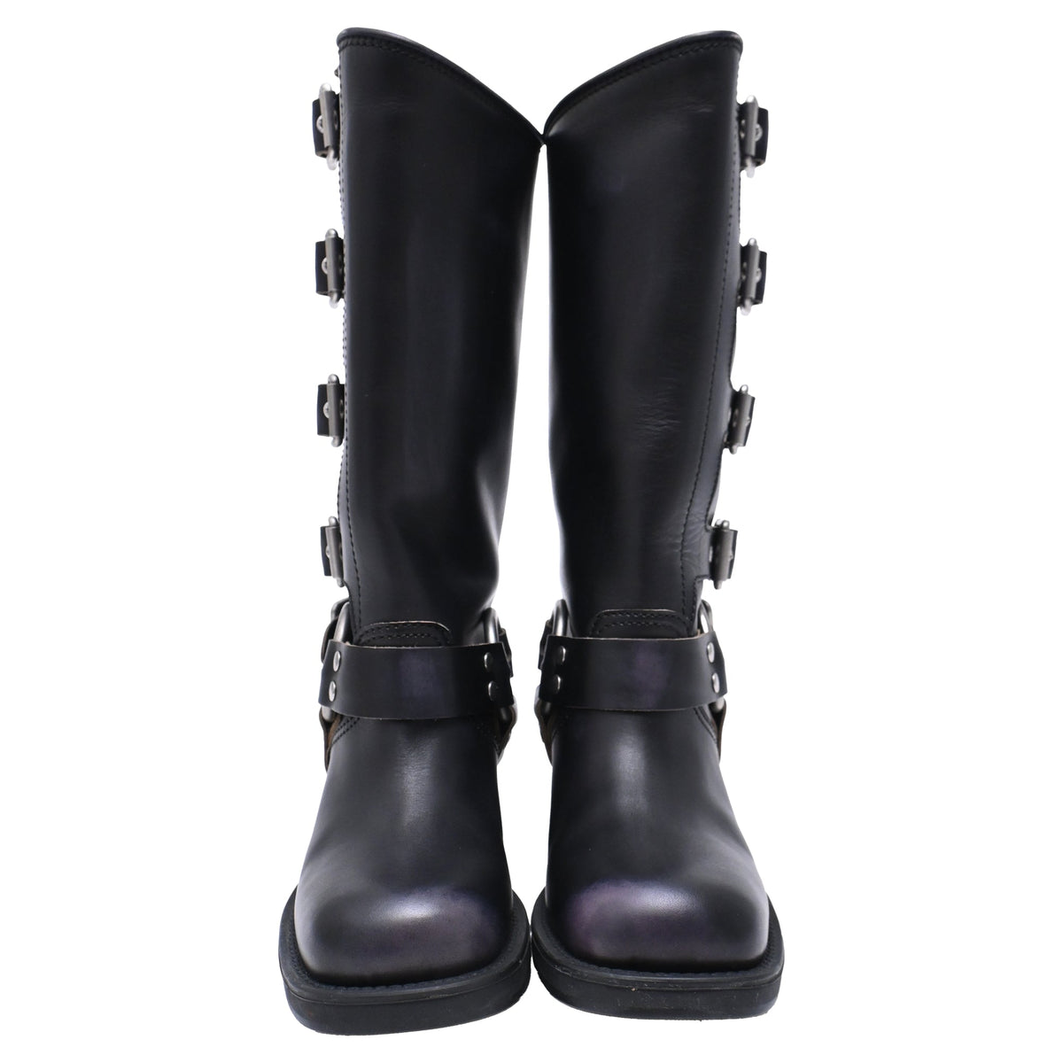 Women's Miu Miu Buckle Strap Biker Boots in Black Leather