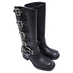 Women's Miu Miu Buckle Strap Biker Boots in Black Leather