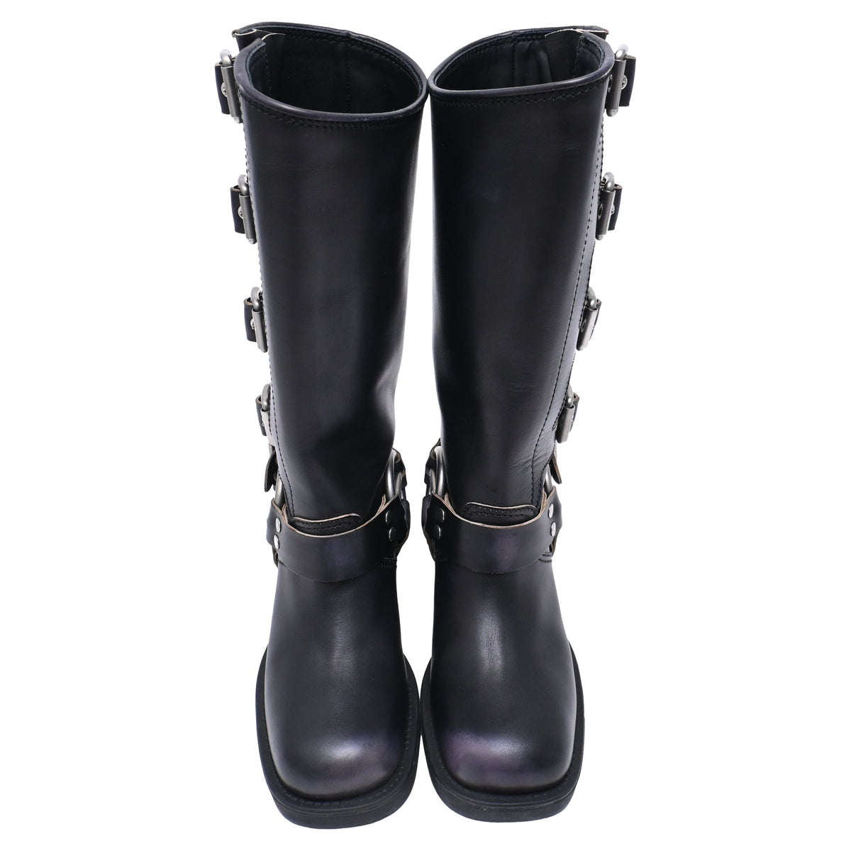 Women's Miu Miu Buckle Strap Biker Boots in Black Leather