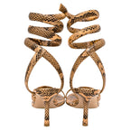 Women's  Bottega Veneta Snakeskin-Effect Wrap Around Sandal Heels in Brown Leather