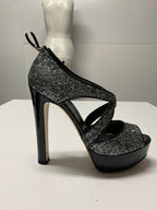 Women's Miu Miu Glitter Embellished Platform Sandals in Black Patent Leather