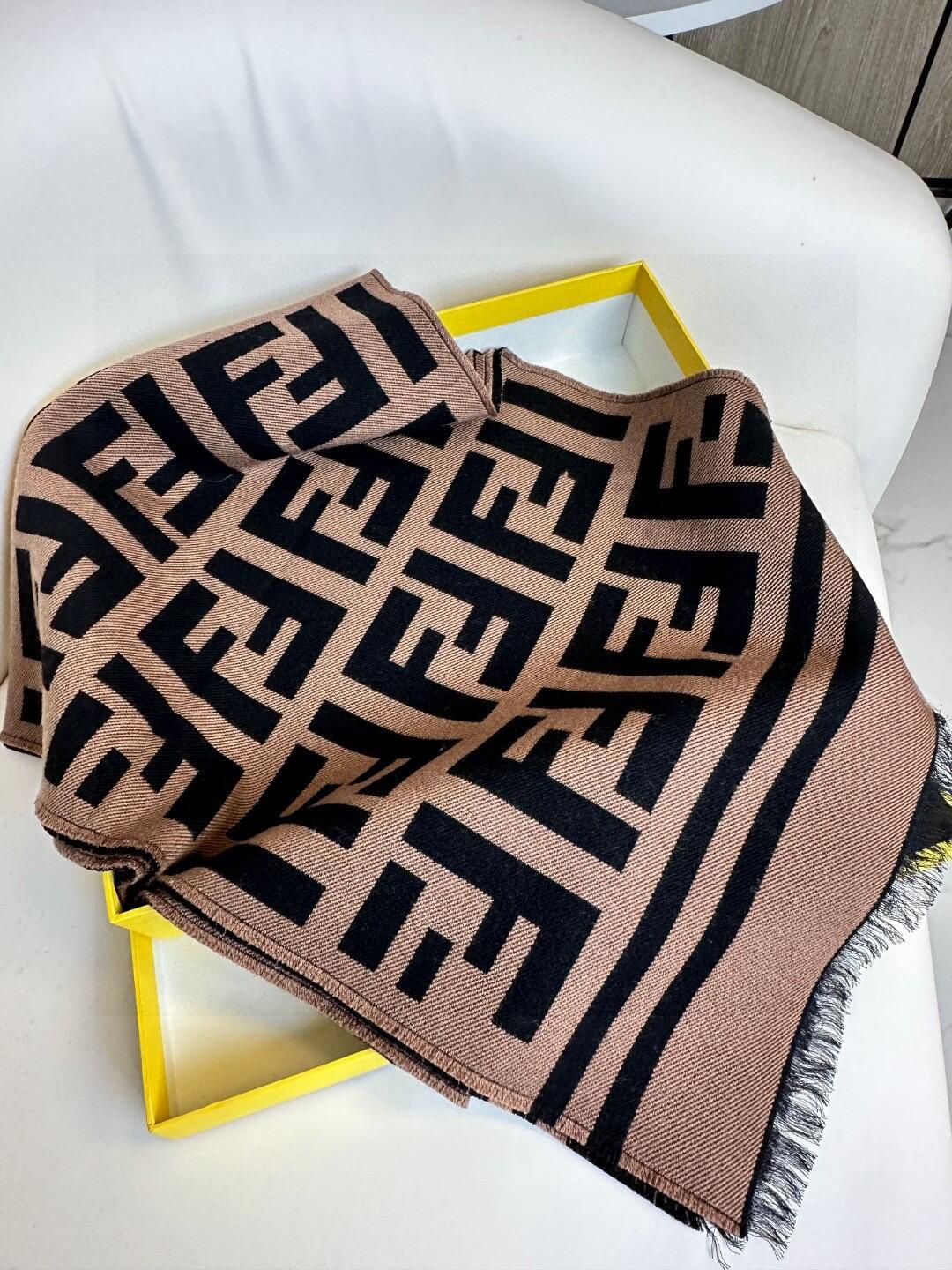 Brown and black contrasting geometric texture knitted scarf, fringed edge shawl