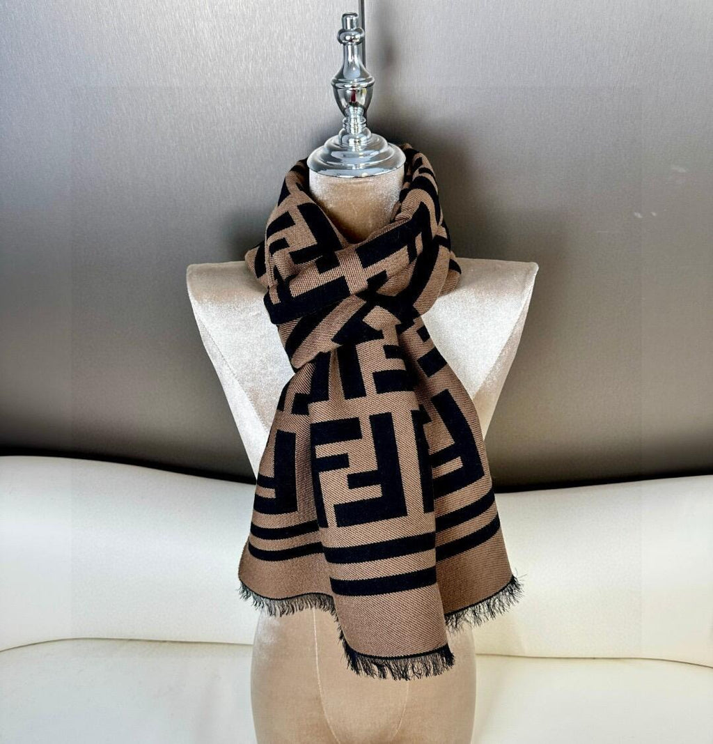 Brown and black contrasting geometric texture knitted scarf, fringed edge shawl