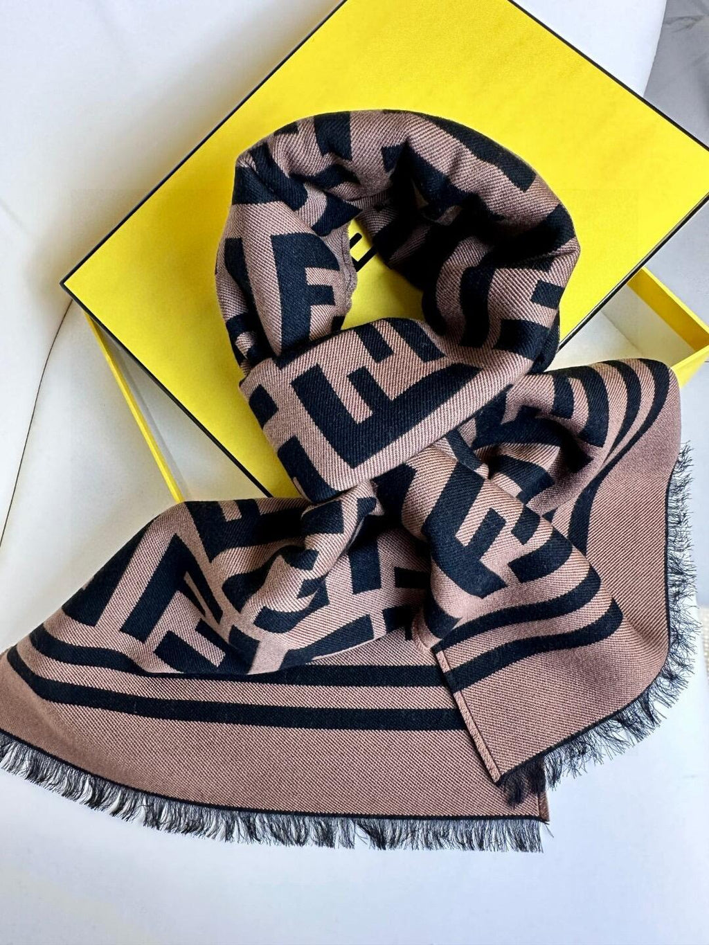 Brown and black contrasting geometric texture knitted scarf, fringed edge shawl