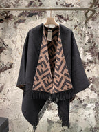Geometric texture contrasting color knitted shawl, loose fringe warm exterior