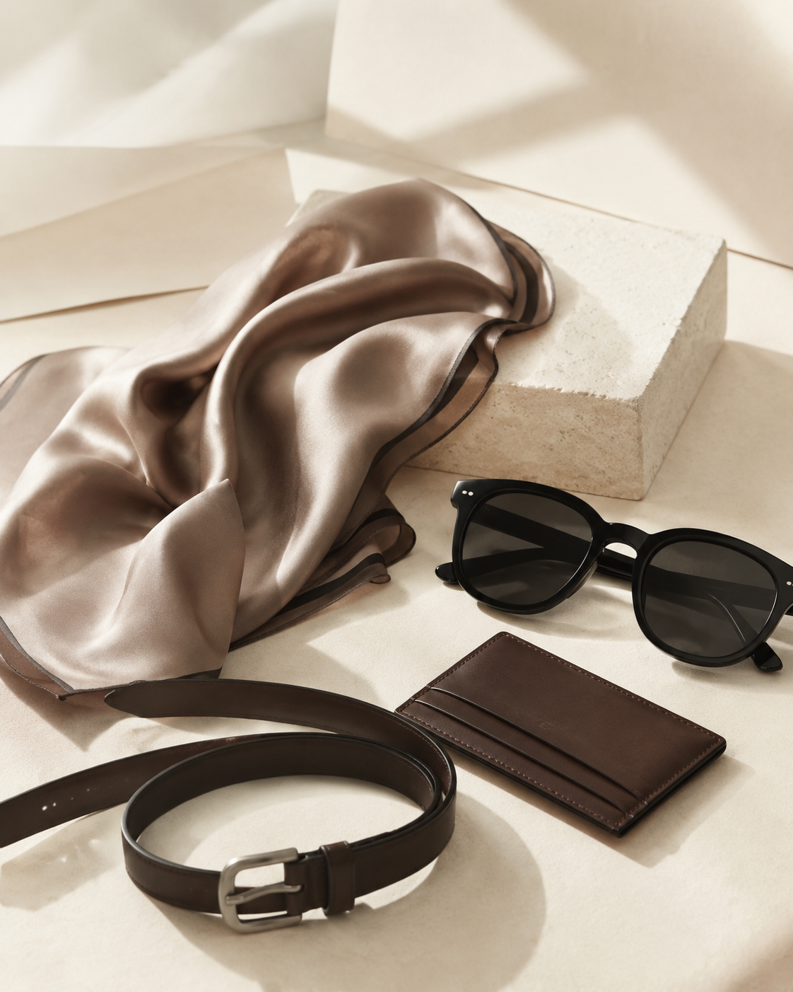 Unbranded silk and leather accessories in a warm ivory studio