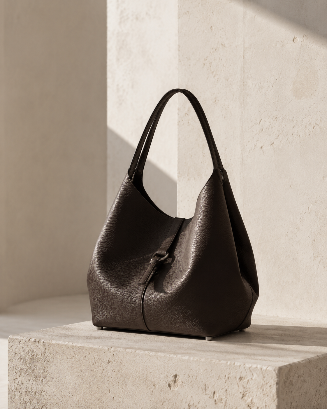 Unbranded sculptural leather handbag in a warm ivory studio
