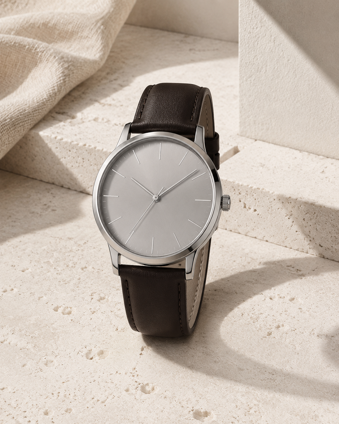 Unbranded minimalist wristwatch in a warm ivory studio