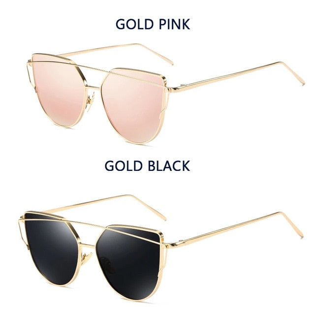 Cat Eye Vintage Brand Designer Rose Gold Mirror Sunglasses For Women Metal Reflective flat lens Sun Glasses Female oculos
