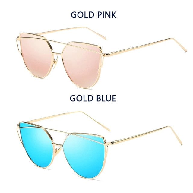 Cat Eye Vintage Brand Designer Rose Gold Mirror Sunglasses For Women Metal Reflective flat lens Sun Glasses Female oculos