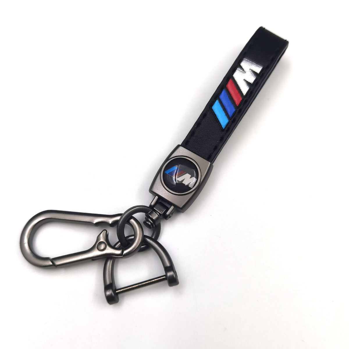 Sleek Black Leather Keychain: Bold Multi-Color Motif & Secure Carabiner Accessory